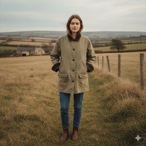 Lands' End Women's Medium Petite Khaki Green Plaid Lined Canvas Chore Coat